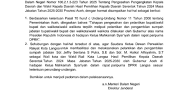 Kemendagri Tetapkan Pelantikan Wali Kota dan Wakil Wali Kota Langsa Terpilih 2025–2030